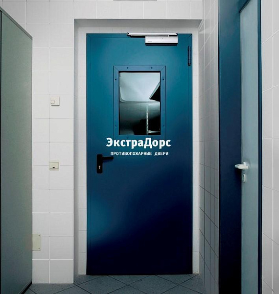 Противопожарная дверь 1 типа синяя c выпадающим порогом с остеклением в Пушкино  купить
